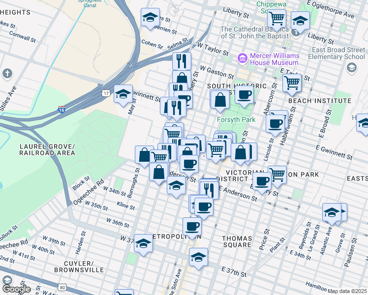 map of restaurants, bars, coffee shops, grocery stores, and more near 1108 Jefferson Street in Savannah