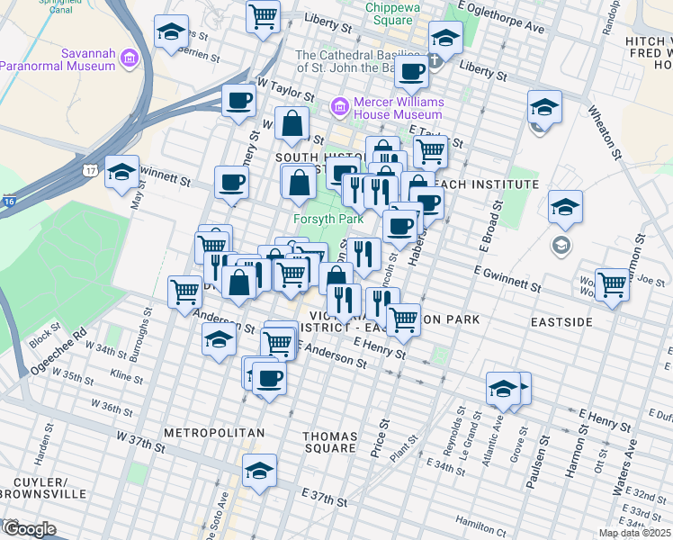 map of restaurants, bars, coffee shops, grocery stores, and more near 101E East Waldburg Street in Savannah
