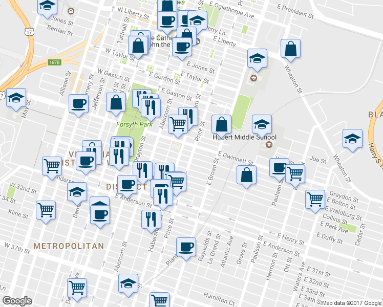 map of restaurants, bars, coffee shops, grocery stores, and more near 412 East Bolton Street in Savannah