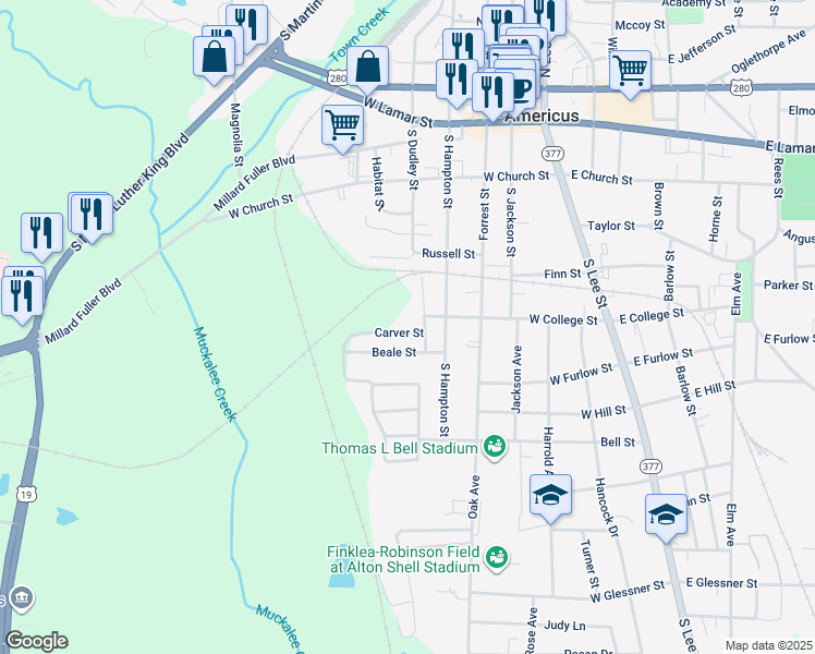 map of restaurants, bars, coffee shops, grocery stores, and more near 714 Carver Street in Americus