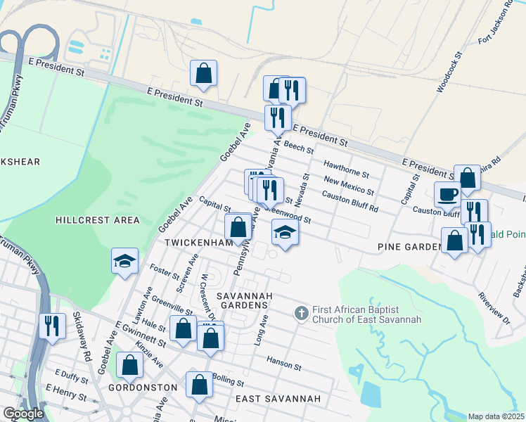 map of restaurants, bars, coffee shops, grocery stores, and more near 288 Pennsylvania Avenue in Savannah