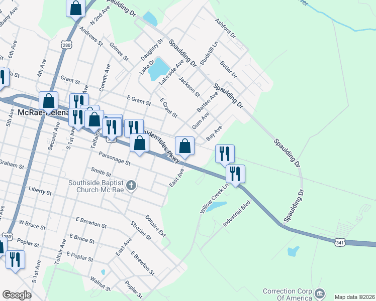 map of restaurants, bars, coffee shops, grocery stores, and more near 10 East Avenue in McRae-Helena