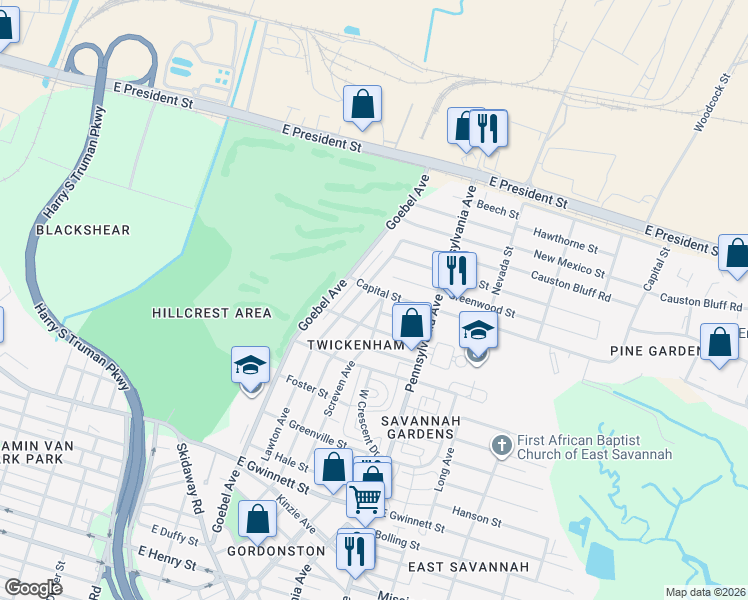 map of restaurants, bars, coffee shops, grocery stores, and more near 101 Forrest Avenue in Savannah