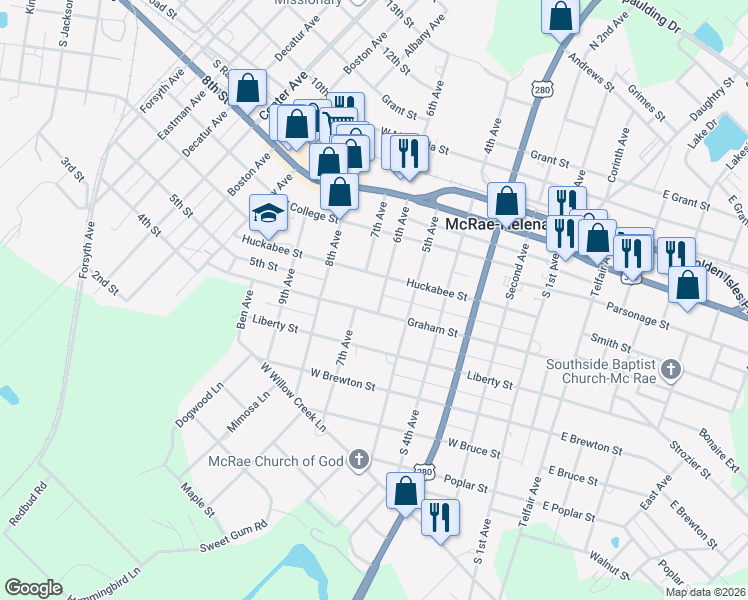 map of restaurants, bars, coffee shops, grocery stores, and more near 122 Graham Street in McRae-Helena