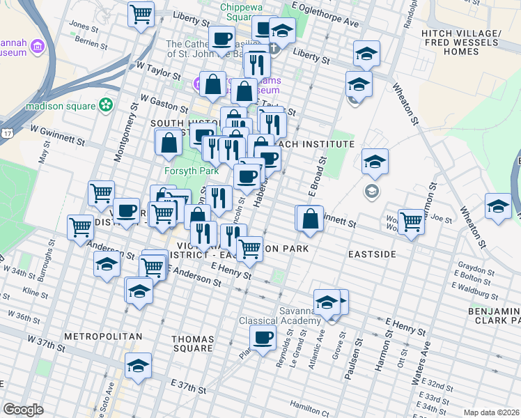 map of restaurants, bars, coffee shops, grocery stores, and more near 412 East Bolton Street in Savannah