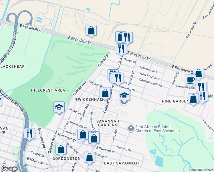 map of restaurants, bars, coffee shops, grocery stores, and more near 1924 Capital Street in Savannah