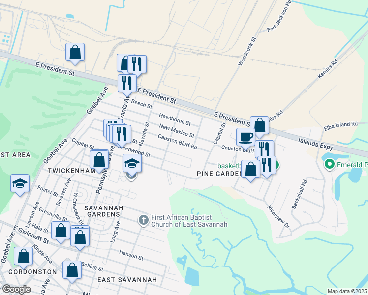 map of restaurants, bars, coffee shops, grocery stores, and more near 2227 Causton Bluff Road in Savannah