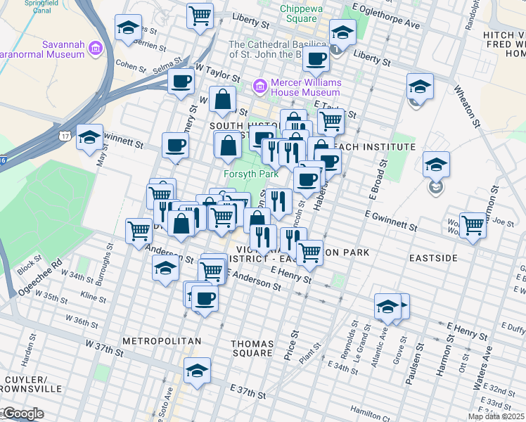 map of restaurants, bars, coffee shops, grocery stores, and more near 101E East Waldburg Street in Savannah