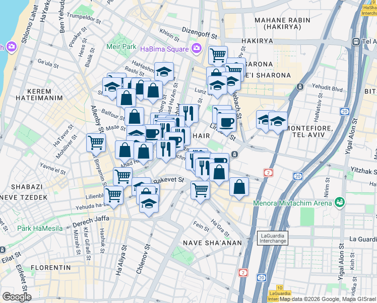 map of restaurants, bars, coffee shops, grocery stores, and more near 54 Maze Street in Tel Aviv-Yafo