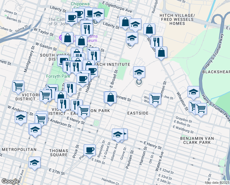 map of restaurants, bars, coffee shops, grocery stores, and more near 610 East Gwinnett Street in Savannah