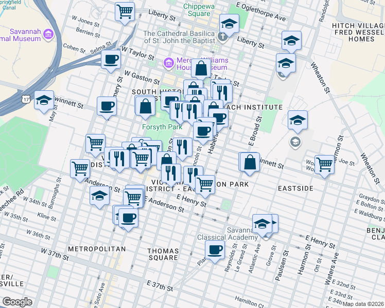 map of restaurants, bars, coffee shops, grocery stores, and more near 305 East Bolton Street in Savannah