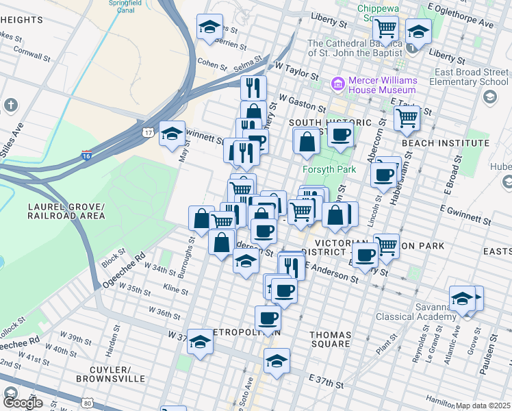 map of restaurants, bars, coffee shops, grocery stores, and more near 1108 Jefferson Street in Savannah