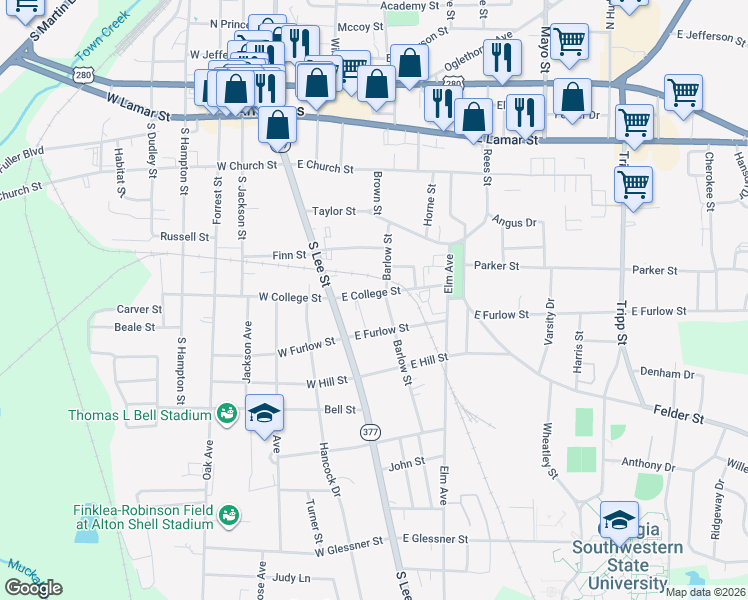 map of restaurants, bars, coffee shops, grocery stores, and more near 501 Barlow Street in Americus