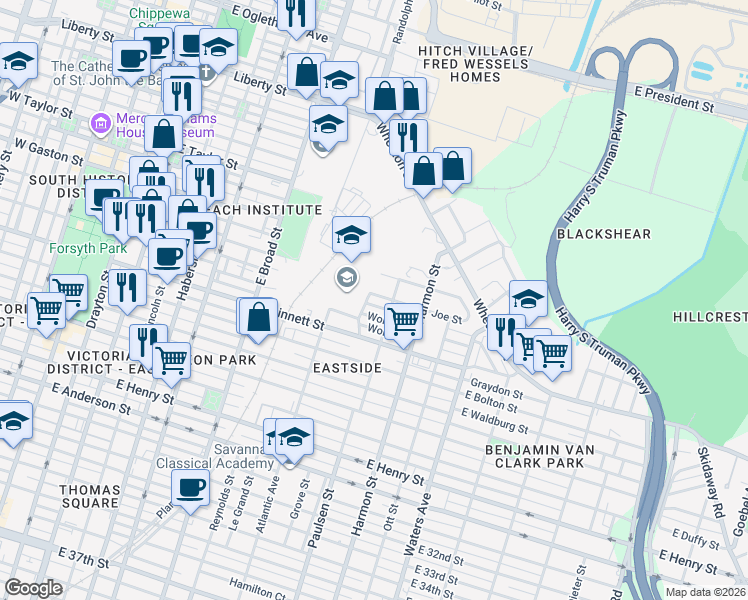 map of restaurants, bars, coffee shops, grocery stores, and more near 703 Joe Street in Savannah