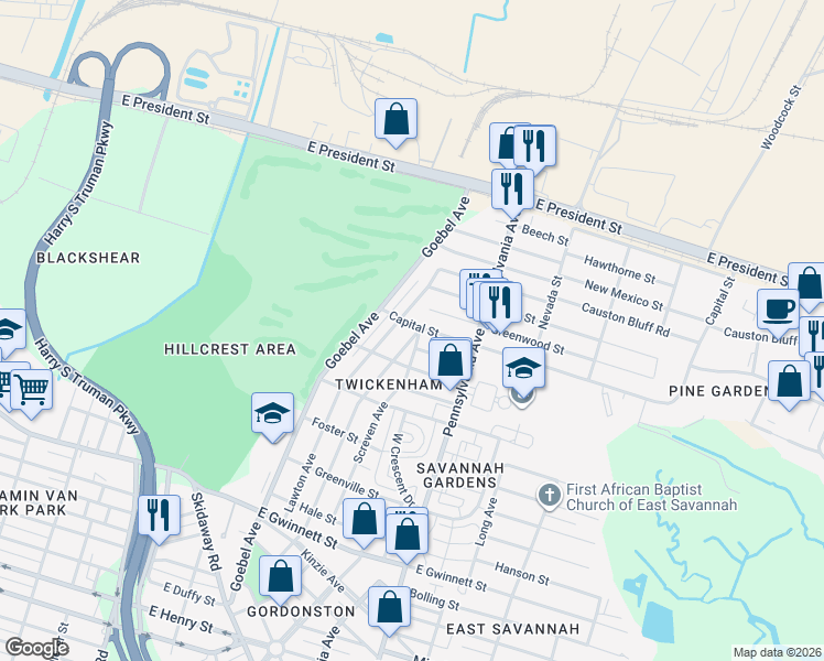 map of restaurants, bars, coffee shops, grocery stores, and more near 101 Forrest Avenue in Savannah