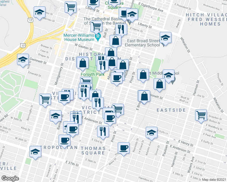map of restaurants, bars, coffee shops, grocery stores, and more near Lincoln St & E Bolton St in Savannah