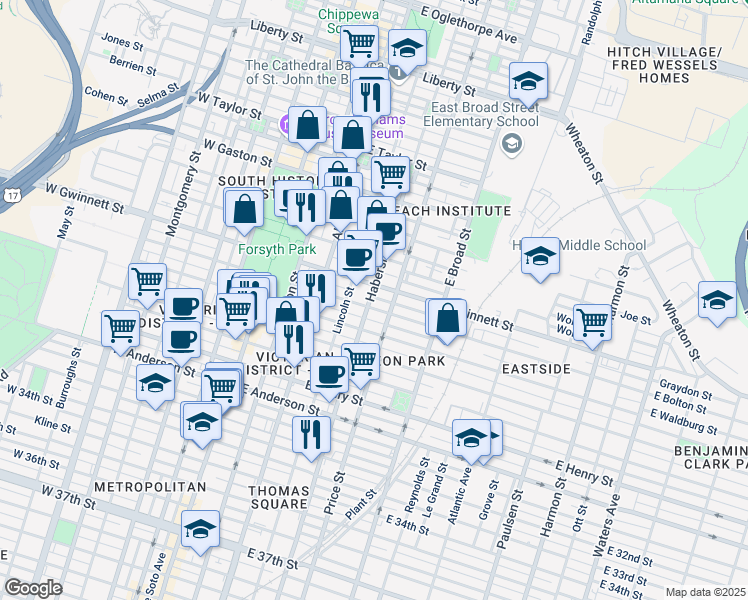 map of restaurants, bars, coffee shops, grocery stores, and more near 412 East Bolton Street in Savannah