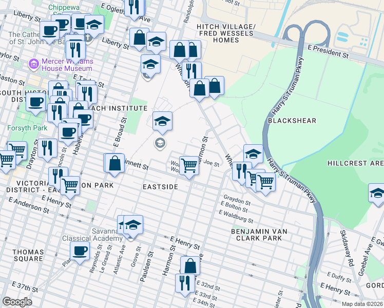 map of restaurants, bars, coffee shops, grocery stores, and more near 806 Joe Street in Savannah