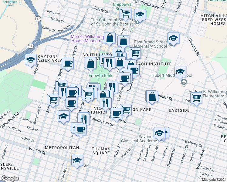 map of restaurants, bars, coffee shops, grocery stores, and more near 906 Abercorn Street in Savannah