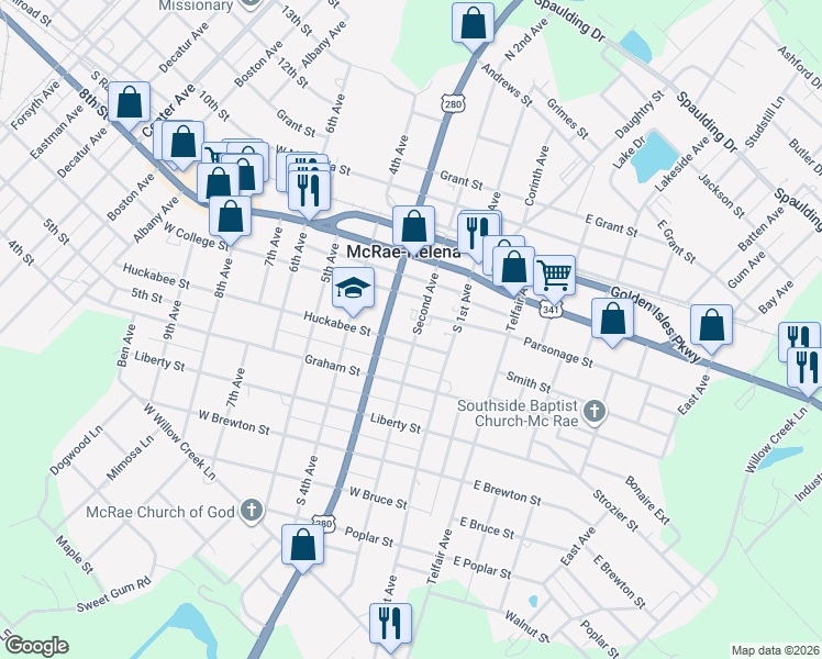 map of restaurants, bars, coffee shops, grocery stores, and more near 40 South 2nd Avenue in McRae-Helena