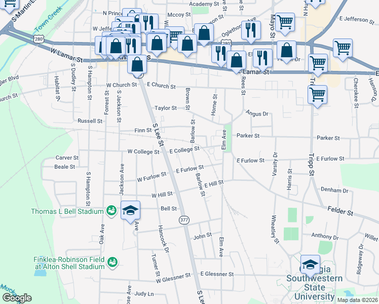 map of restaurants, bars, coffee shops, grocery stores, and more near 501 Barlow Street in Americus