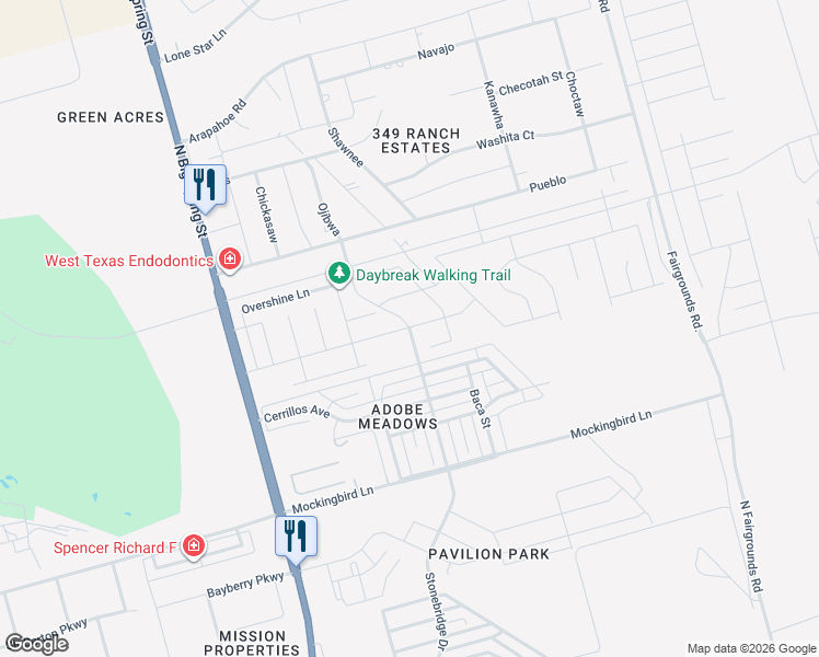 map of restaurants, bars, coffee shops, grocery stores, and more near Day Break Way in Midland