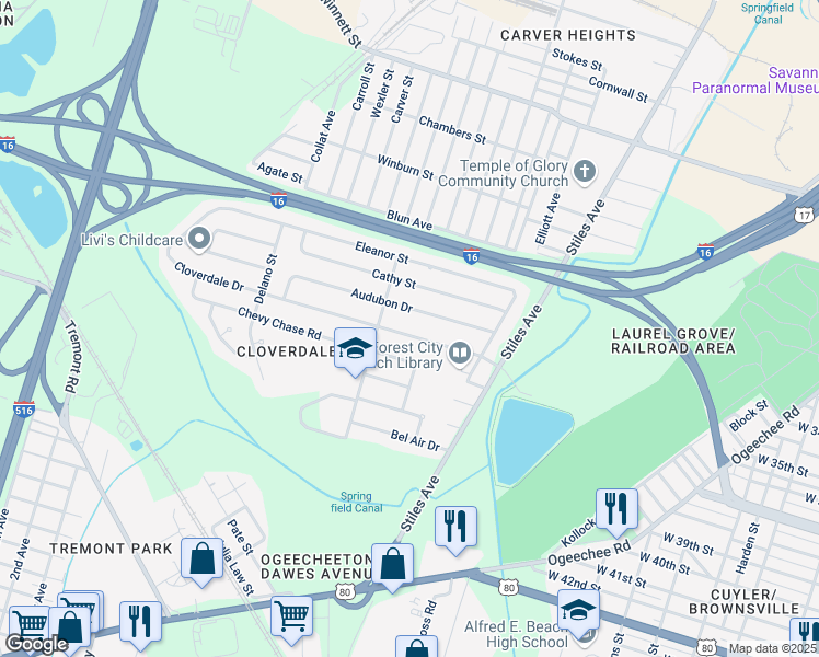 map of restaurants, bars, coffee shops, grocery stores, and more near 1428 Cloverdale Drive in Savannah