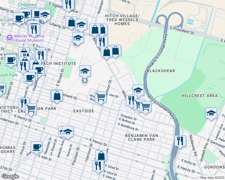 map of restaurants, bars, coffee shops, grocery stores, and more near 907 Rockefeller Street in Savannah