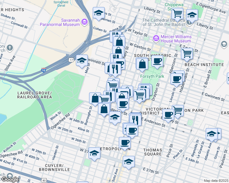 map of restaurants, bars, coffee shops, grocery stores, and more near 408 West Park Lane in Savannah