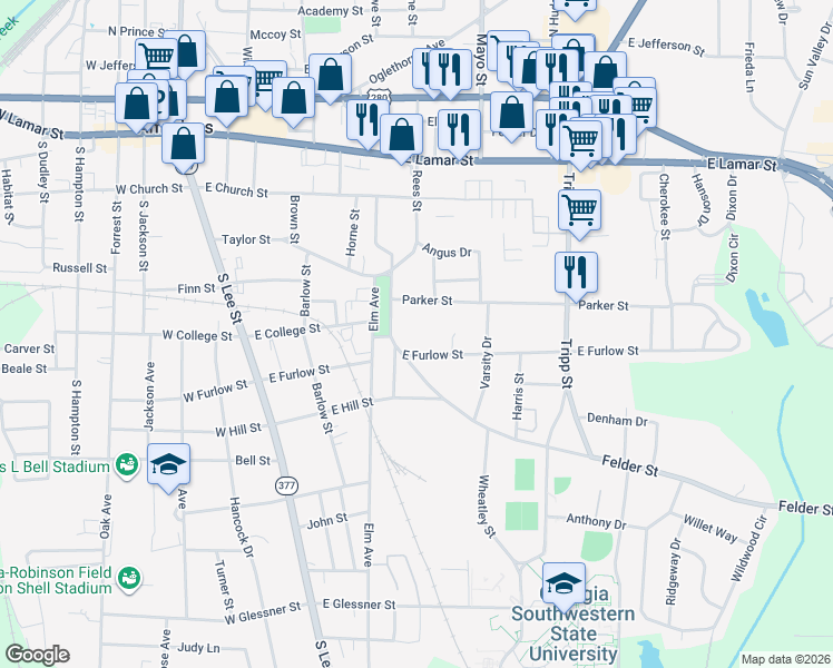 map of restaurants, bars, coffee shops, grocery stores, and more near 612 Reese Park in Americus