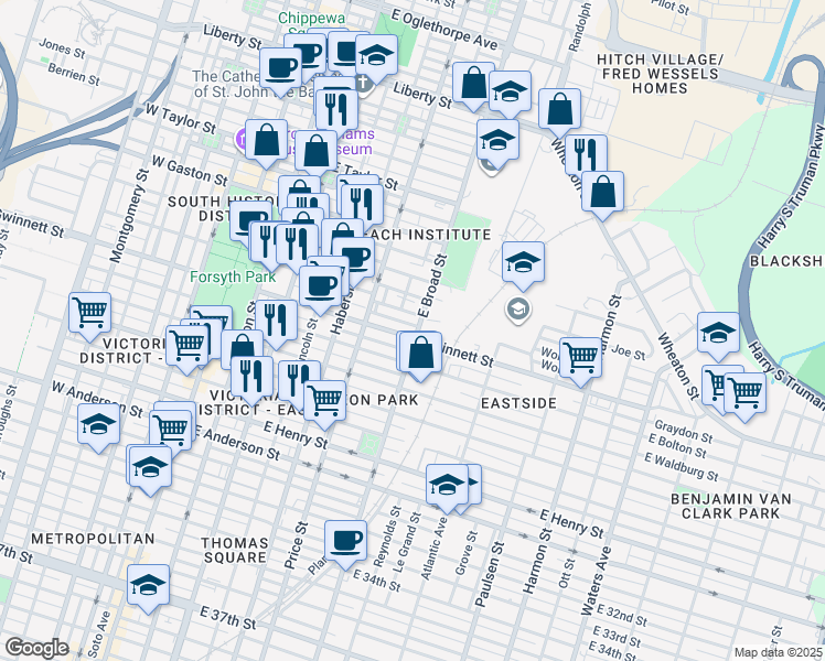map of restaurants, bars, coffee shops, grocery stores, and more near 610 East Gwinnett Street in Savannah