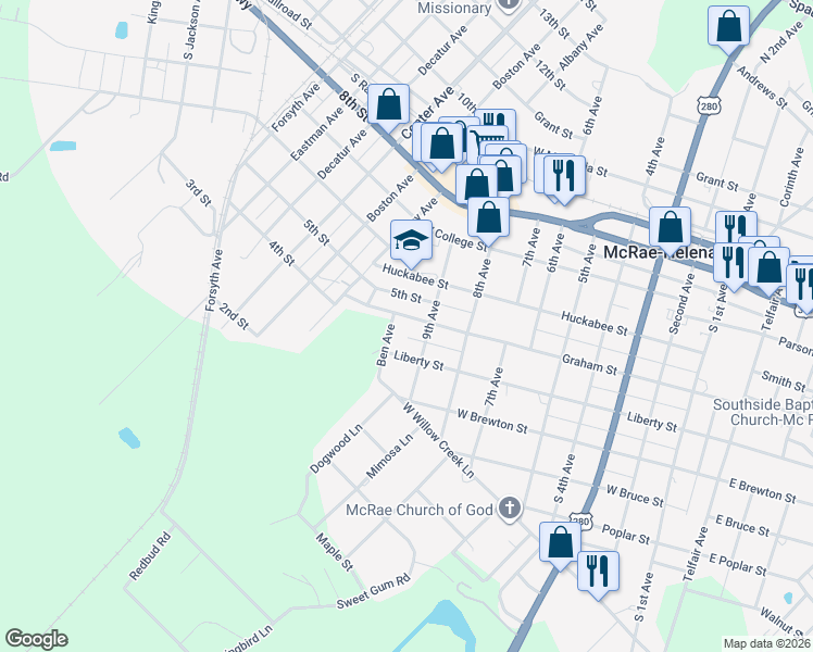 map of restaurants, bars, coffee shops, grocery stores, and more near 211 West Graham Street in McRae-Helena