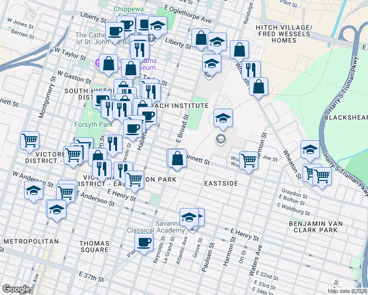 map of restaurants, bars, coffee shops, grocery stores, and more near 610 East Gwinnett Street in Savannah
