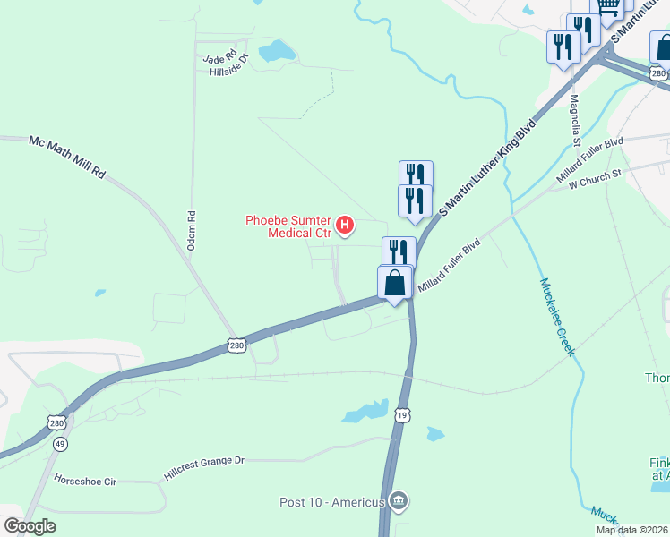 map of restaurants, bars, coffee shops, grocery stores, and more near 122 U.S. 280 in Americus