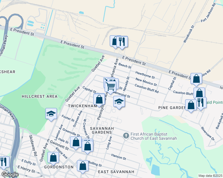 map of restaurants, bars, coffee shops, grocery stores, and more near 288 Pennsylvania Avenue in Savannah