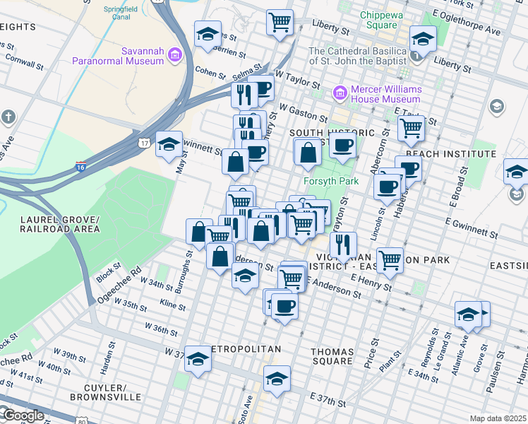 map of restaurants, bars, coffee shops, grocery stores, and more near 1108 Jefferson Street in Savannah