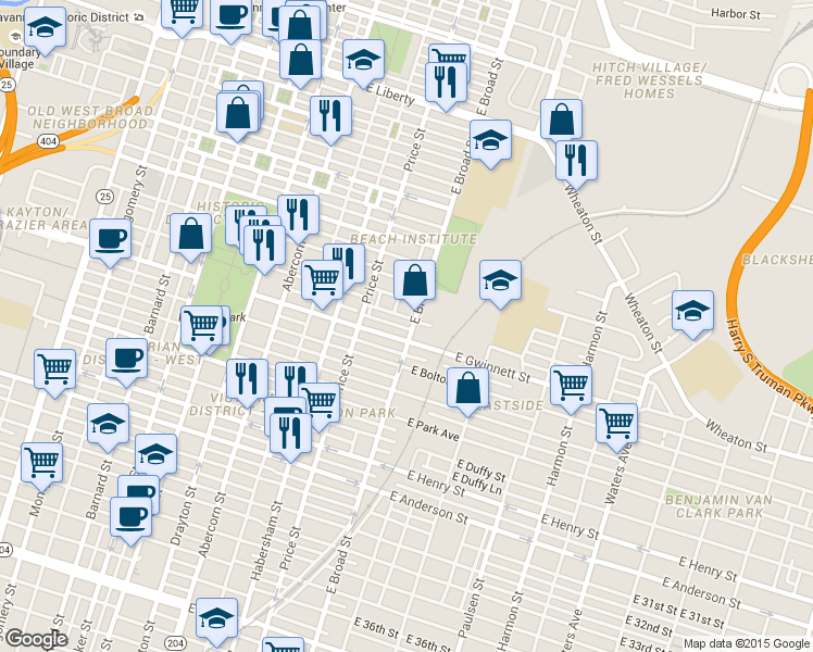 map of restaurants, bars, coffee shops, grocery stores, and more near 610 East Gwinnett Street in Savannah