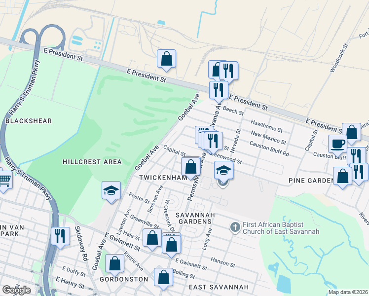 map of restaurants, bars, coffee shops, grocery stores, and more near 1924 Capital Street in Savannah