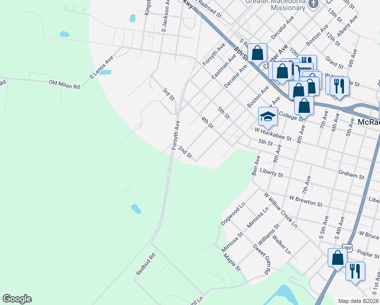 map of restaurants, bars, coffee shops, grocery stores, and more near 17 2nd Street in McRae-Helena