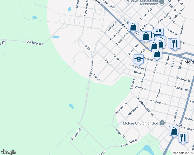 map of restaurants, bars, coffee shops, grocery stores, and more near 17 2nd Street in McRae-Helena