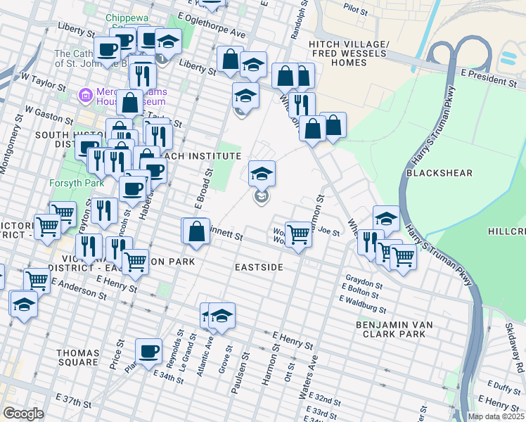 map of restaurants, bars, coffee shops, grocery stores, and more near 768 Grant Street in Savannah