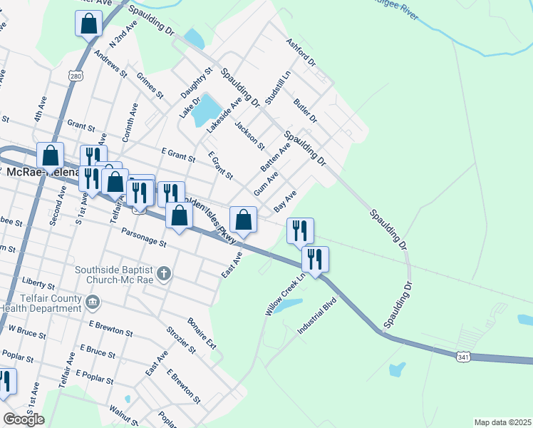 map of restaurants, bars, coffee shops, grocery stores, and more near 719 Collins Street in McRae-Helena