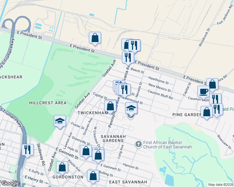 map of restaurants, bars, coffee shops, grocery stores, and more near 288 Pennsylvania Avenue in Savannah