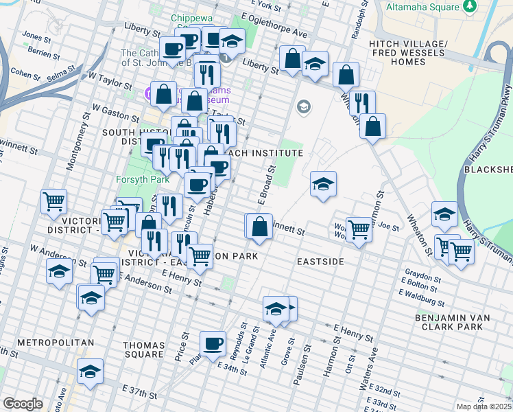map of restaurants, bars, coffee shops, grocery stores, and more near 610 East Gwinnett Street in Savannah