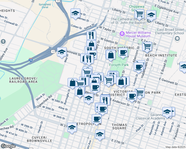 map of restaurants, bars, coffee shops, grocery stores, and more near 1108 Jefferson Street in Savannah