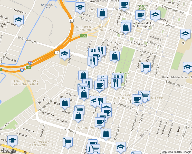 map of restaurants, bars, coffee shops, grocery stores, and more near 1108 Jefferson Street in Savannah
