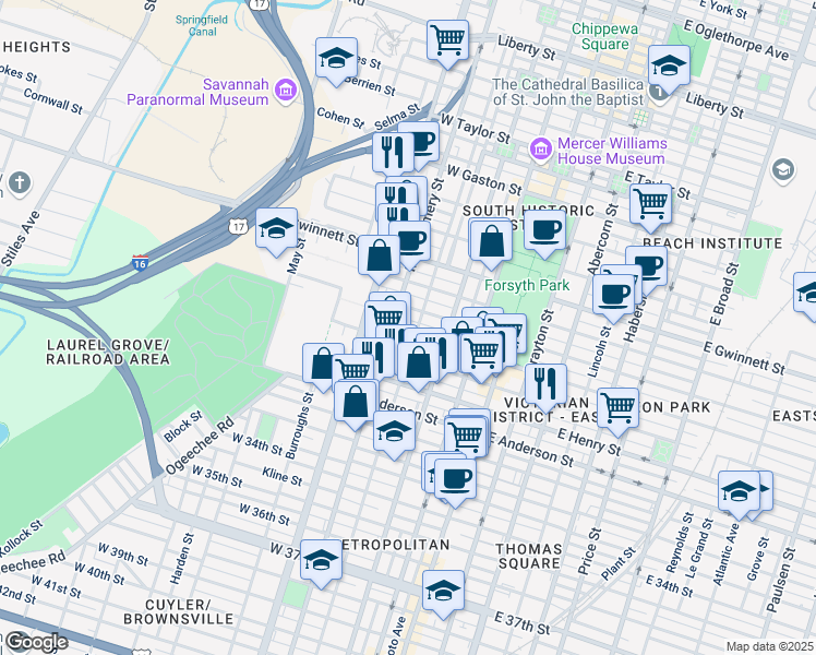 map of restaurants, bars, coffee shops, grocery stores, and more near 1108 Jefferson Street in Savannah