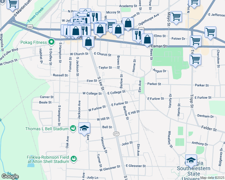 map of restaurants, bars, coffee shops, grocery stores, and more near 502 South Lee Street in Americus