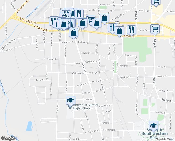 map of restaurants, bars, coffee shops, grocery stores, and more near 502 South Lee Street in Americus