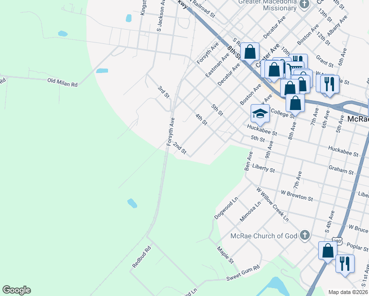 map of restaurants, bars, coffee shops, grocery stores, and more near 17 2nd Street in McRae-Helena